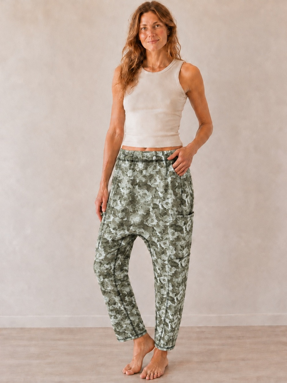 FP Movement Free People Floral Drop Crotch Harem Pants Sage Green Small